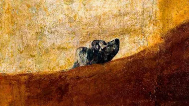 Cuadro de Goya que representa la cabeza de un perro que sobresale de una masa de color ocre, como si estuviera hundiéndose.