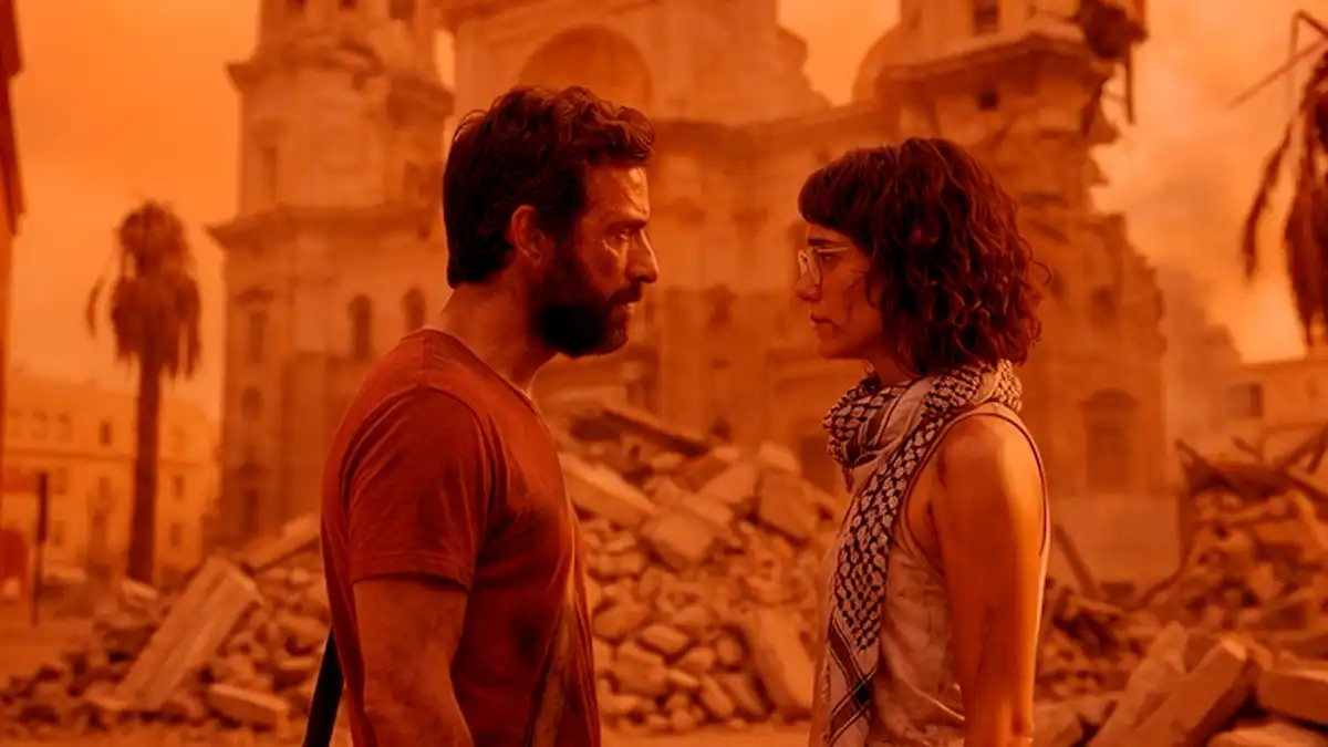 Otra de las imágenes del vídeo, con los protagonistas ante una destruída Catedral. Foto: Jose Pereira.