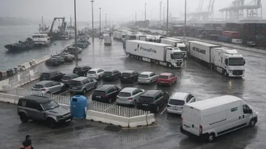 Vehículos entrando y saliendo del puerto.