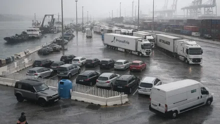 Vehículos entrando y saliendo del puerto.
