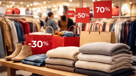 Diferentes productos textiles y carteles de rebaja en rojo con números en blanco.