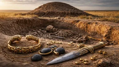 Esqueleto en una tumba y tesoro de brazalete, daga y colgante.