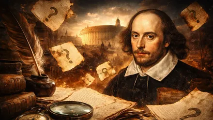 Shakespeare con sus incógnitas, al fondo la silueta de una palacio.