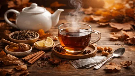 Taza humeante de té junto a una tetera de porcelana blanca.