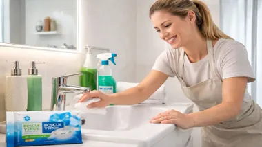 Mujer limpiando el baño con toallitas.