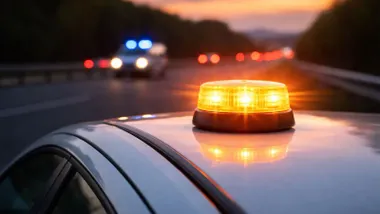 Coche blanco en una carretera que tiene sobre el techo la baliza V-16 iluminada en color naranja.