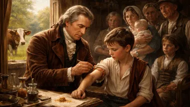 Médico vacunando a un niño ante la mirada de la familia.