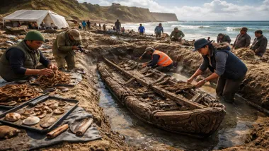 Arqueólogos desenterrando una embarcación maorí.