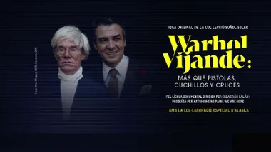 Cartel en tonos negros y letras amarillas de "Warhol & Vijande: Más que pistolas, cuchillos y cruces".