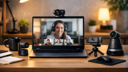 Pantalla de un portátil y diferentes modelos y tipo de webcam.