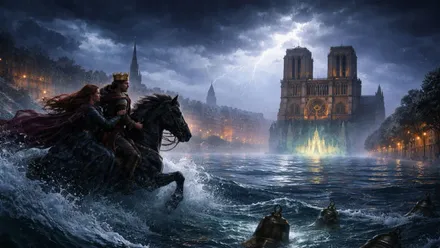 Jinete sobre las olas y al fondo la catedral de Notredame de París.