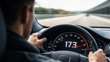 Conductor circulando a alta velocidad, en el salpicadero se puede leer 173 kms/h.