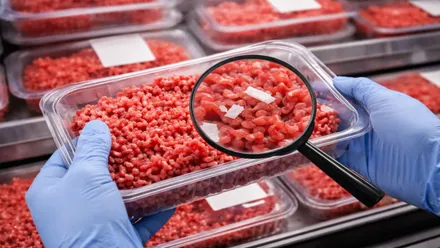 Manos con guantes celestes sostienen un paquete de carne y una lupa aumenta los microplásticos.