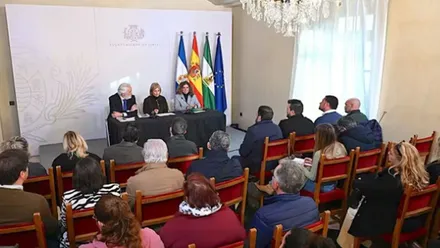 García-Pelayo anunciando medidas, en un salón junto a dos personas y las banderas tras ellos.