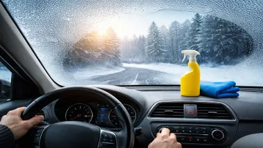 Vaho en el cristal de un coche y un spray amarillo sobre el salpicadero.