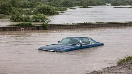 Coche azul casi tapado por el agua.
