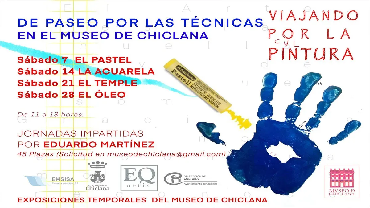 Cartel del curso en el que destaca la palma de la mano pintada en azul.