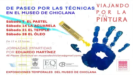 Cartel del curso en el que destaca la palma de la mano pintada en azul.
