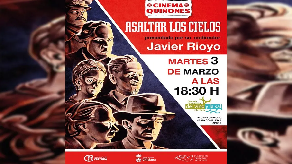 Cartel, con una serie de caras con matices marrones. Destacan, en el resto, los colores azul, blanco y rojo.