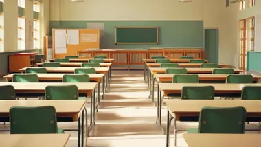 Aula vacía de un colegio, predominan los colores verdosos.