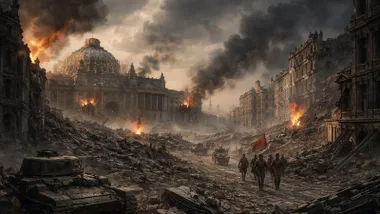 Soldados rusos con una bandera caminando por la ciudad devastada de Berlín.