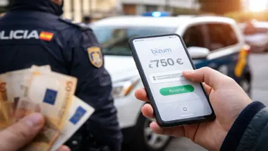 Mano con un movil y dinero en la otra, al fondo la Policía Nacional en alusión a la estada del "bizum inverso".