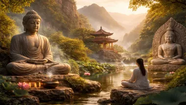 Templo con una estatua de Buda en un paisaje idílico.