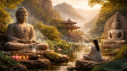 Templo con una estatua de Buda en un paisaje idílico.