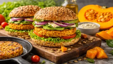 Montada en su panecillo una hamburguesa de calabaza con tomate, lechuga y cebolla, tiene aspecto sabroso.