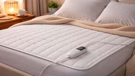 Un calienta colchón con su regulador sobre la cama ya puesto. Destacan los colores cálidos.