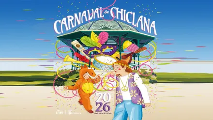 Cartel en un dibujo con colores pastel del Carnaval de Chiclana 2026.