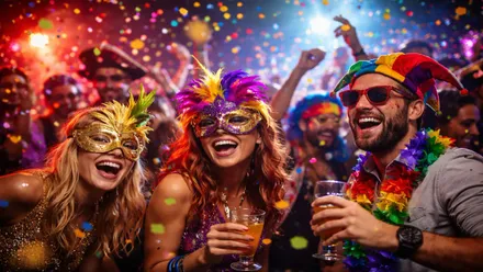 Dos chicas y un chico con máscaras en una fiesta de Carnaval.