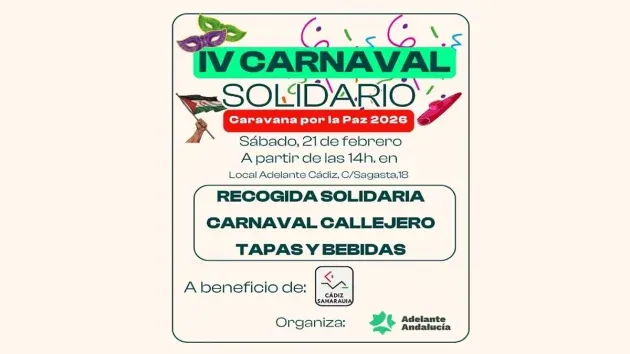 Cartel en tono crema del IV Carnaval Solidario de Cádiz.