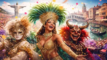 Carnaval en Brasil o en Venecia, hay personas disfrazadas de forma muy colorista.