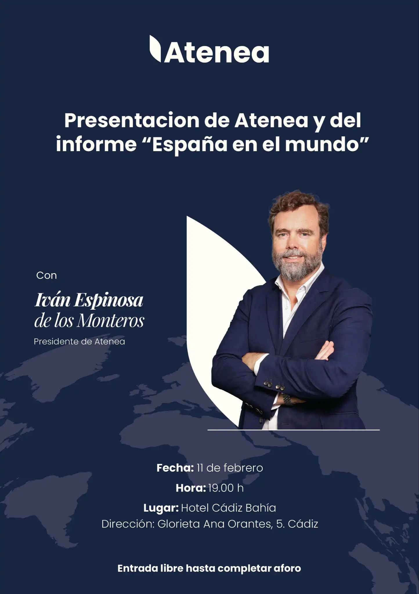 Cartel del acto de Atenea en Cádiz con Iván Espinosa de los Monteros. Foto: Atenea.