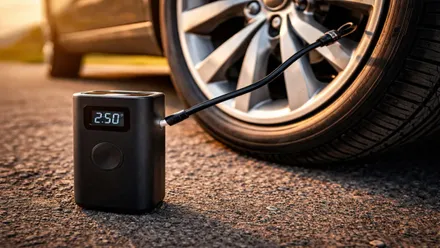 Rueda de un coche siendo llenada de aire por un compresor.