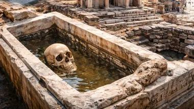 Sepulcro de mármol con un cráneo que emerge del agua.