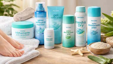 Cremas y spray en colores verdosos y azulados para el cuidado de los pies.