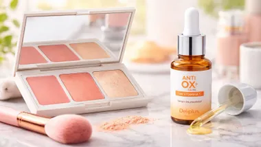 Coloretes y un bote con cuenta gotas sobre una mesa de mármol blanco veteado.