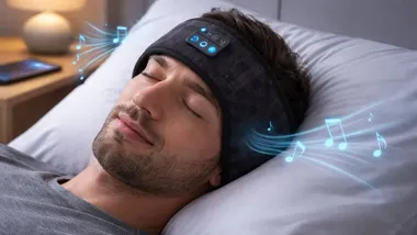 Hombre con el dispositivo para dormir.