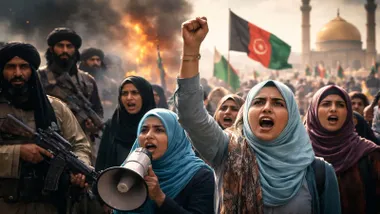 Hombre con armas y mujeres con megáfonos en una manifestación.