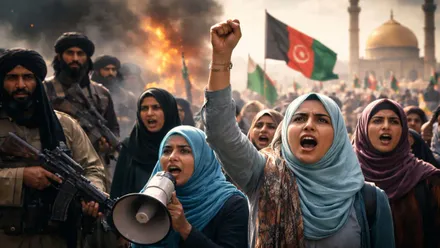 Hombre con armas y mujeres con megáfonos en una manifestación.