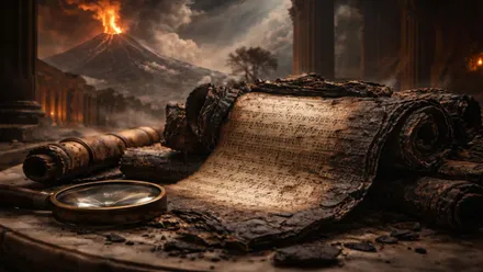 Vesubio en erupción y una villa con un documento medio quemado.