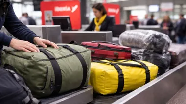 Maletas en la cinta de recogida de equipaje de un avión.