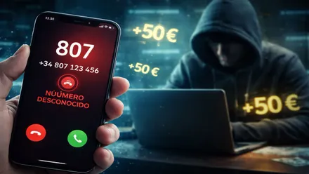 Persona mostrando un teléfono y un estafador con un ordenador detrás y muchos títulos de "50 euros".