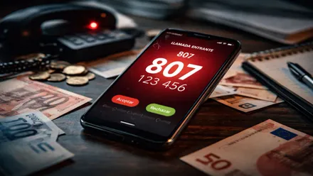 Un teléfono móvil en cuya pantalla resalta un 807 en rojo luminoso.