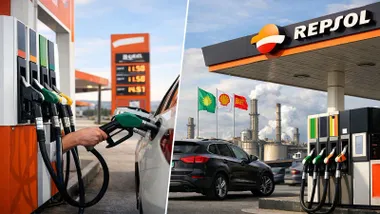 Dos imágenes de una gasolinera Repsol en la que se está repostando gasolina.
