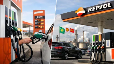 Dos imágenes de una gasolinera Repsol en la que se está repostando gasolina.