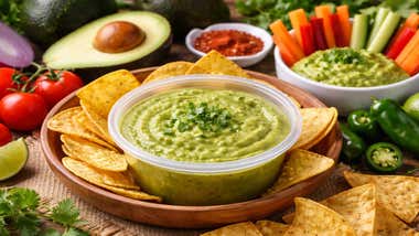 Cuenco con el guacamole verde y otros productos frescos.