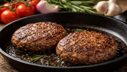 Dos hamburguesas en una sarten rodeadas de productos vegetales.